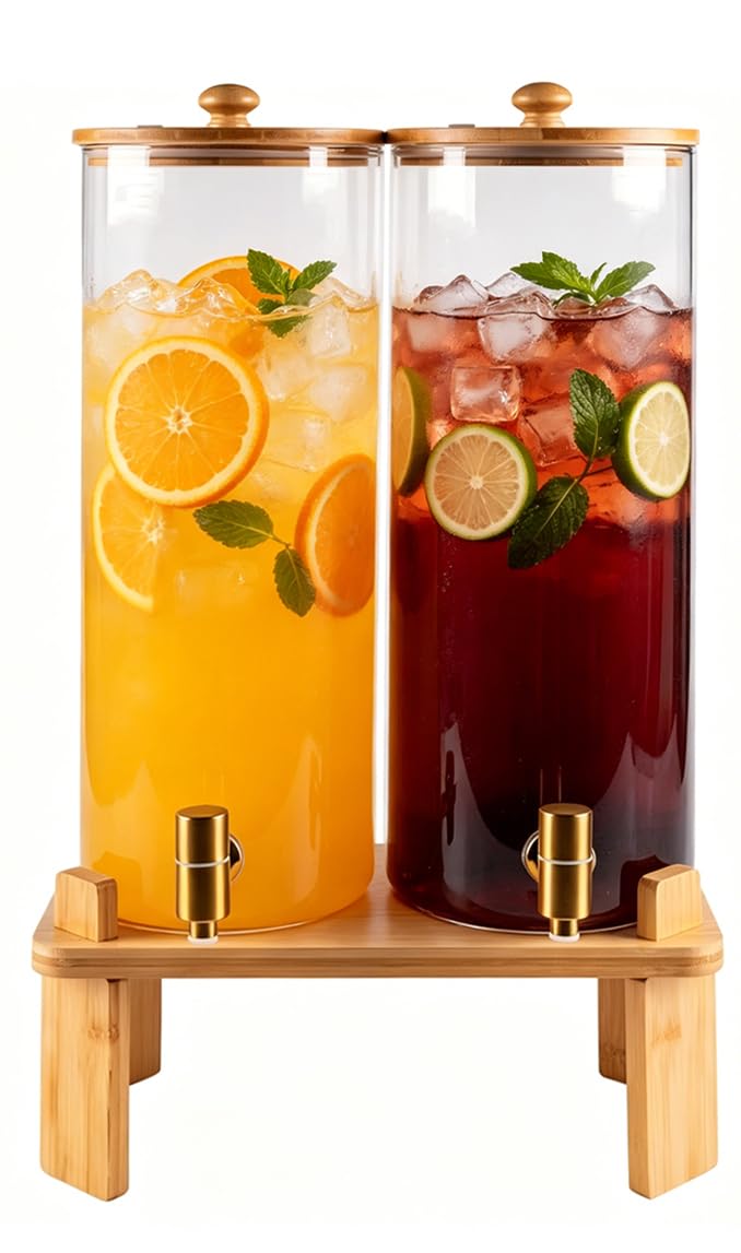 2 Gallon Glass Beverage Dispenser with Spigot and Bamboo Stand E8543