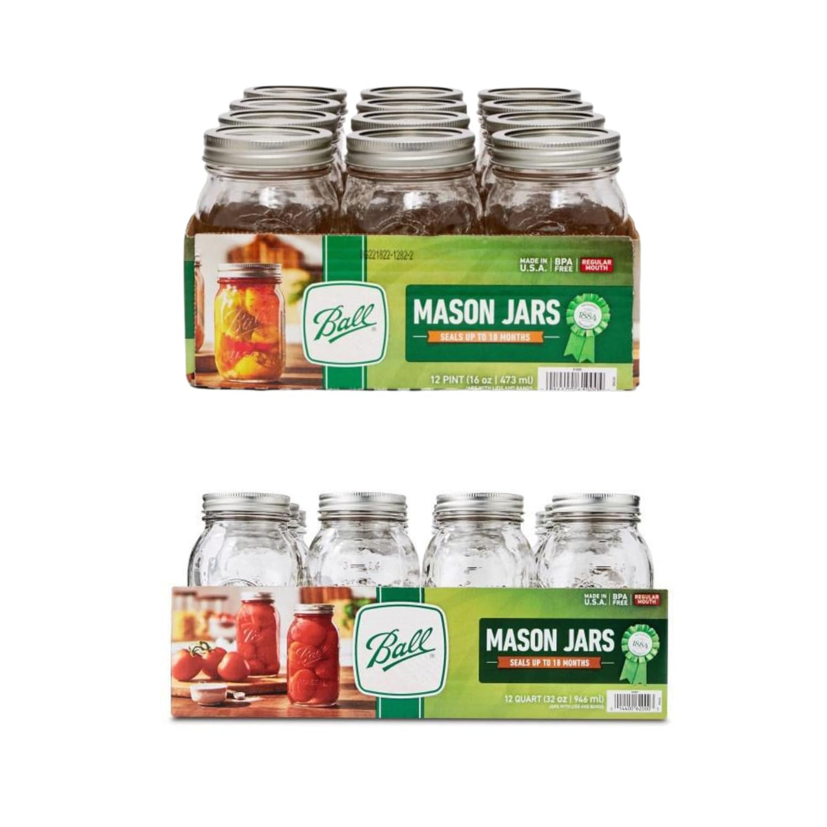 Regular Mouth Glass Mason Jars with Lids and Bands, 12 Pint 16 Ounce + 12 Quart 32 Ounce C4046