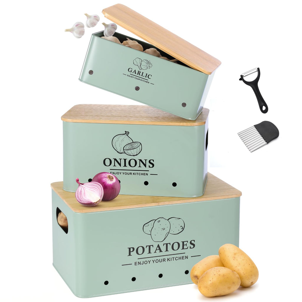 Metal Vegetable Storage Set of 3 with Aerating Holes and Bamboo Lid J6798