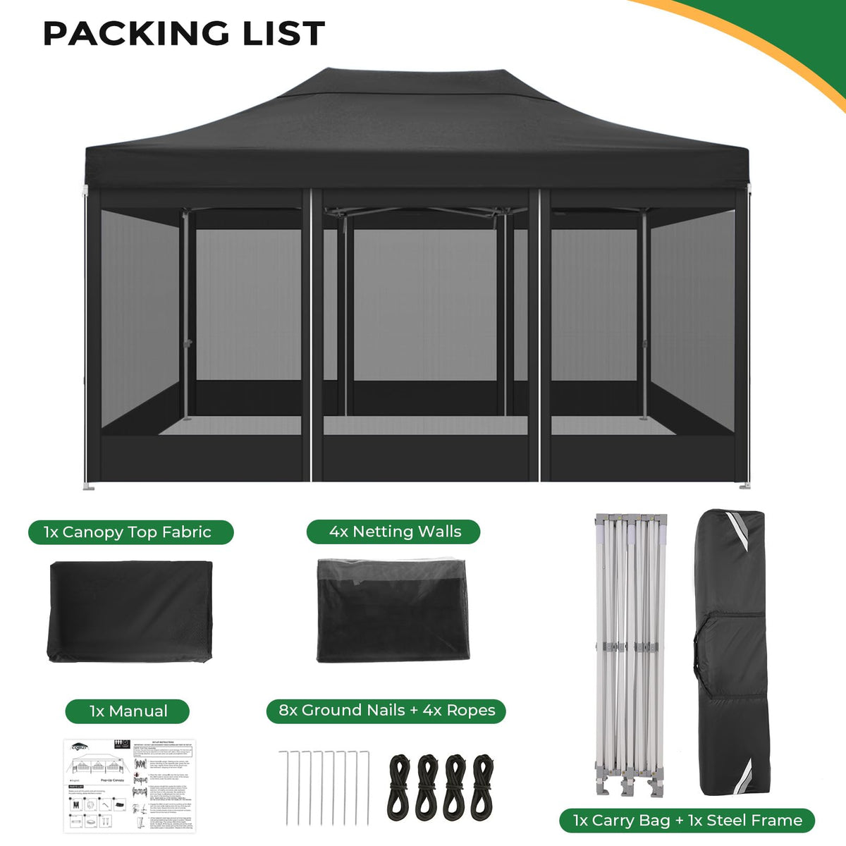 10x15 Heavy Duty Pop Up Canopy with 4 Mosquito Net Sidewalls, Black Q182864