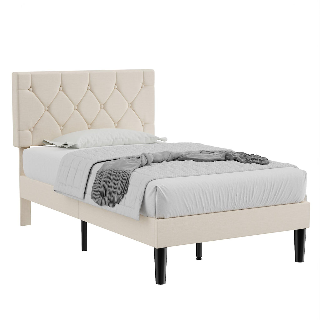 Twin Bed Frame with Upholstered Tufted Headboard, Beige W853
