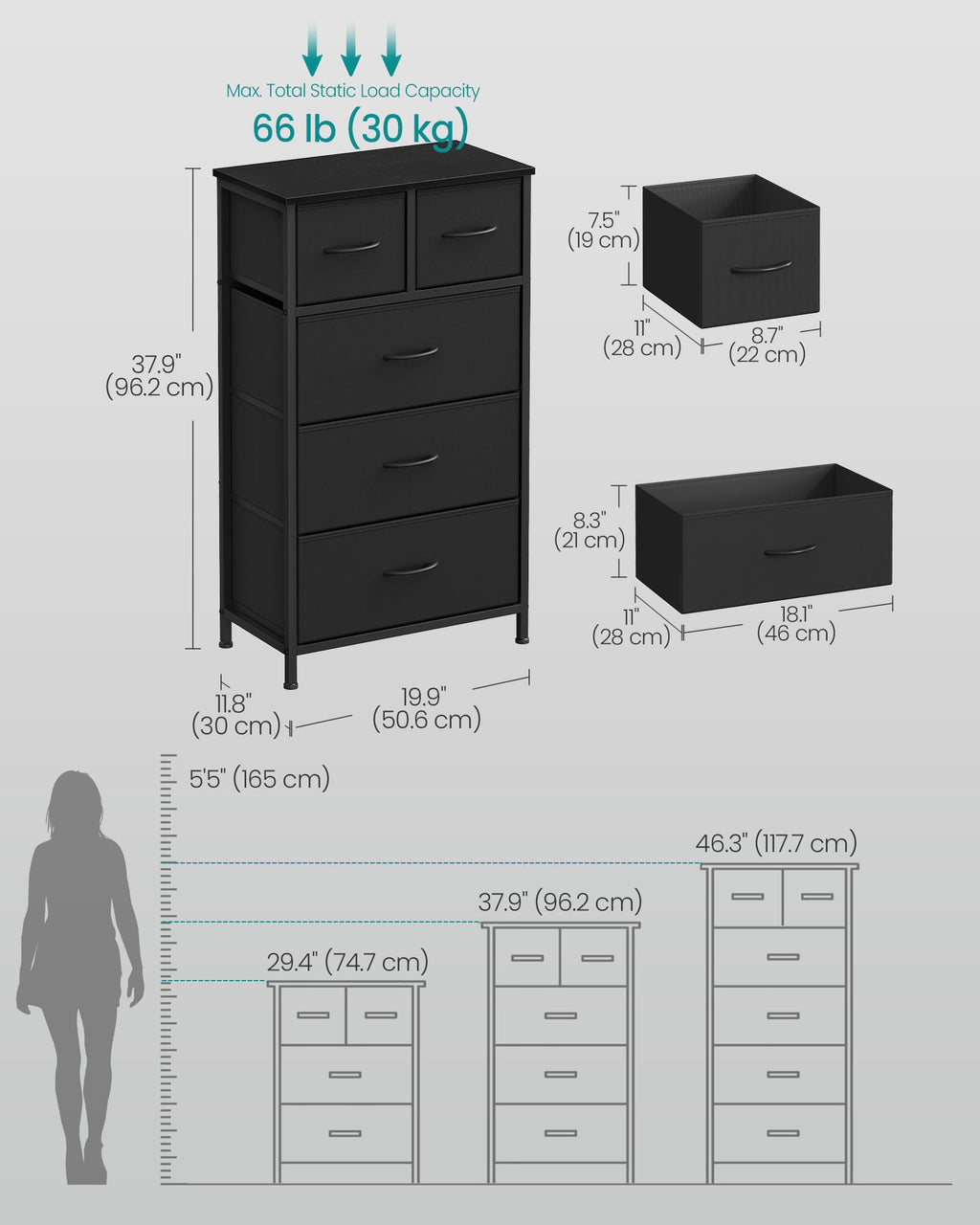Tall Dresser with 5 Fabric Drawers U9289
