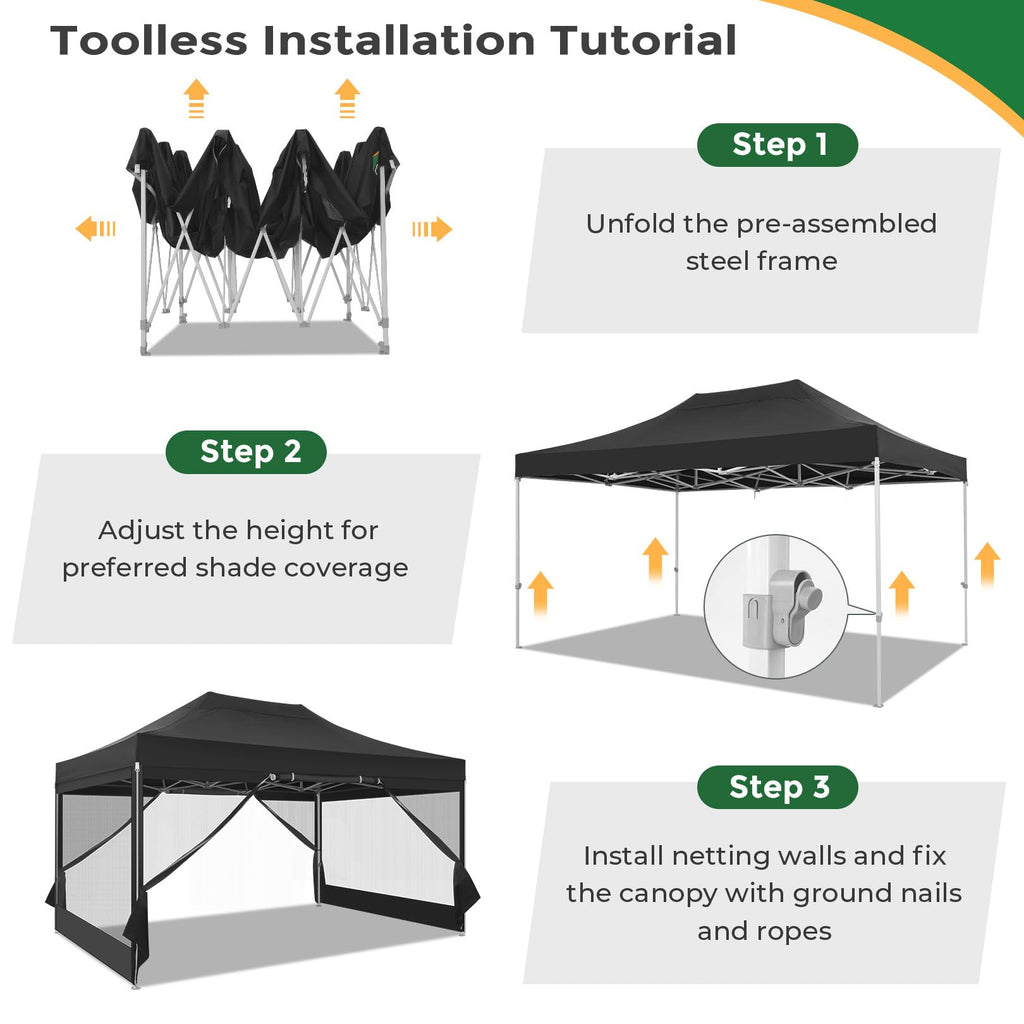 10x15 Heavy Duty Pop Up Canopy with 4 Mosquito Net Sidewalls, Black Q182864