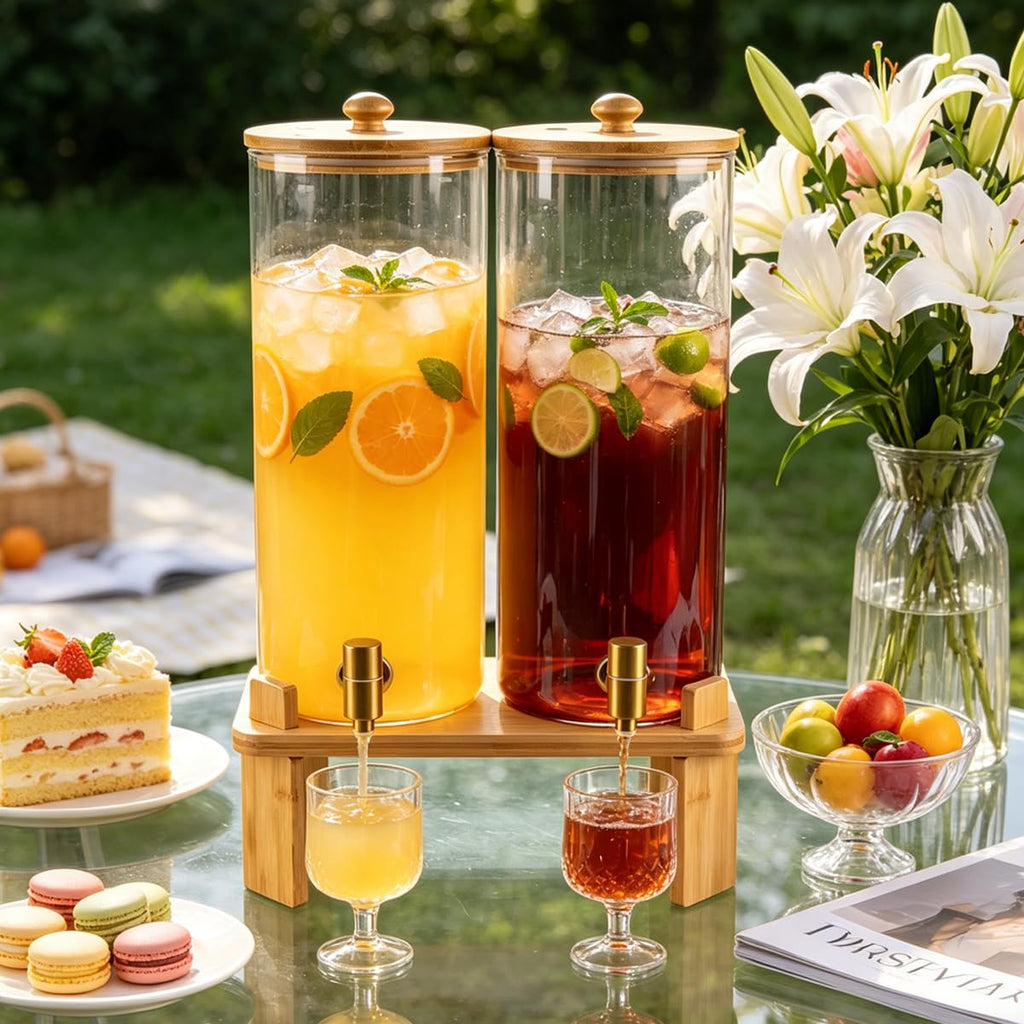 2 Gallon Glass Beverage Dispenser with Spigot and Bamboo Stand E8543