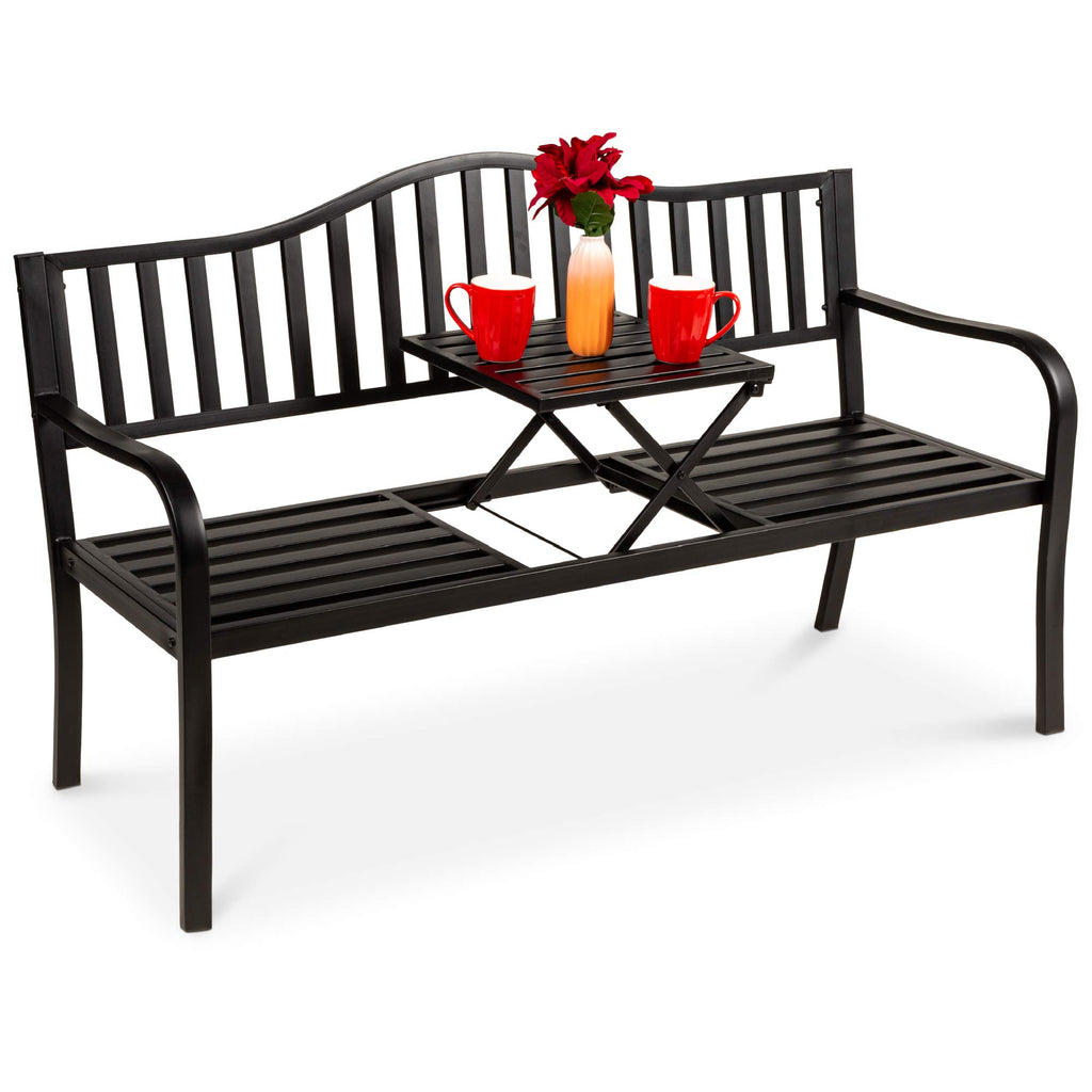 Black Steel Outdoor Garden Bench with Pullout Middle Table M410