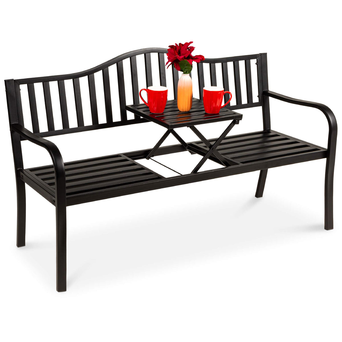 Black Steel Outdoor Garden Bench with Pullout Middle Table M410