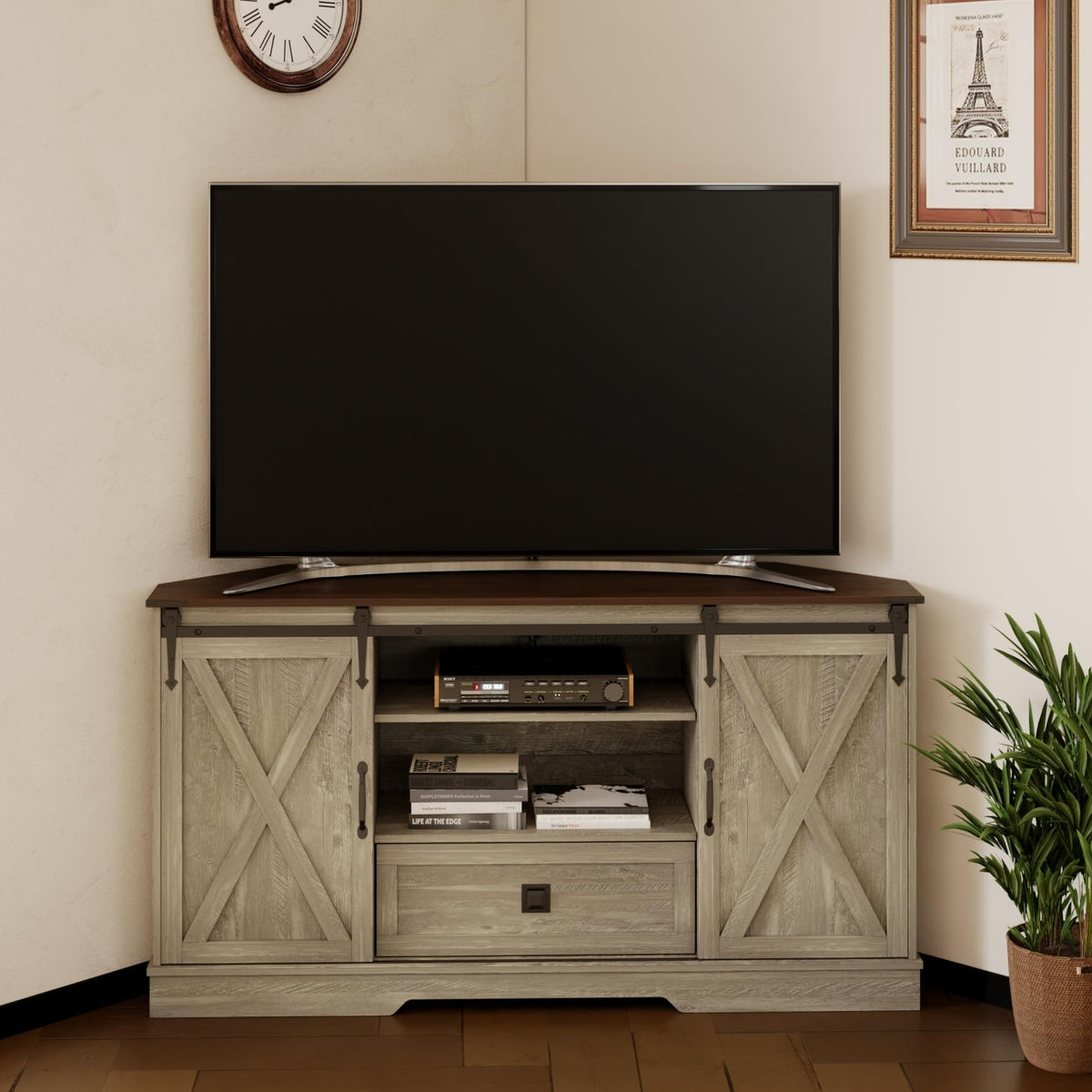 Corner TV Stand with Sliding Barn Door & Removable Shelves M49484