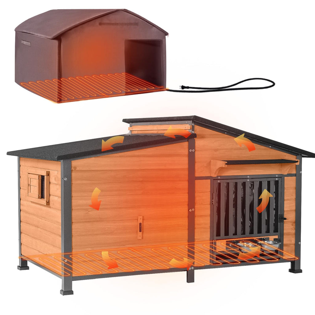 60" Heated Dog House with Heated Pad and Rotating Food Bowl M4245