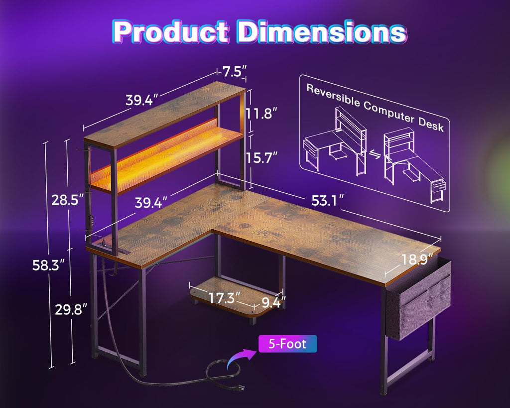 L Shaped Desk with LED Light & Power Outlet Q24442