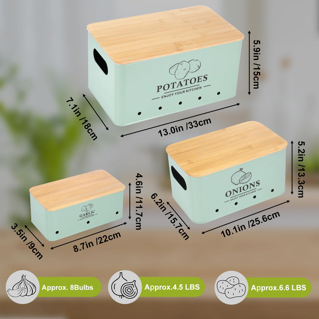 Metal Vegetable Storage Set of 3 with Aerating Holes and Bamboo Lid J6798