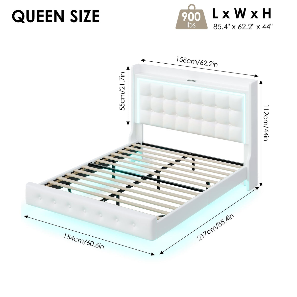 Queen Floating Bed Frame with Storage Headboard, LED Lights & Charging Station D933