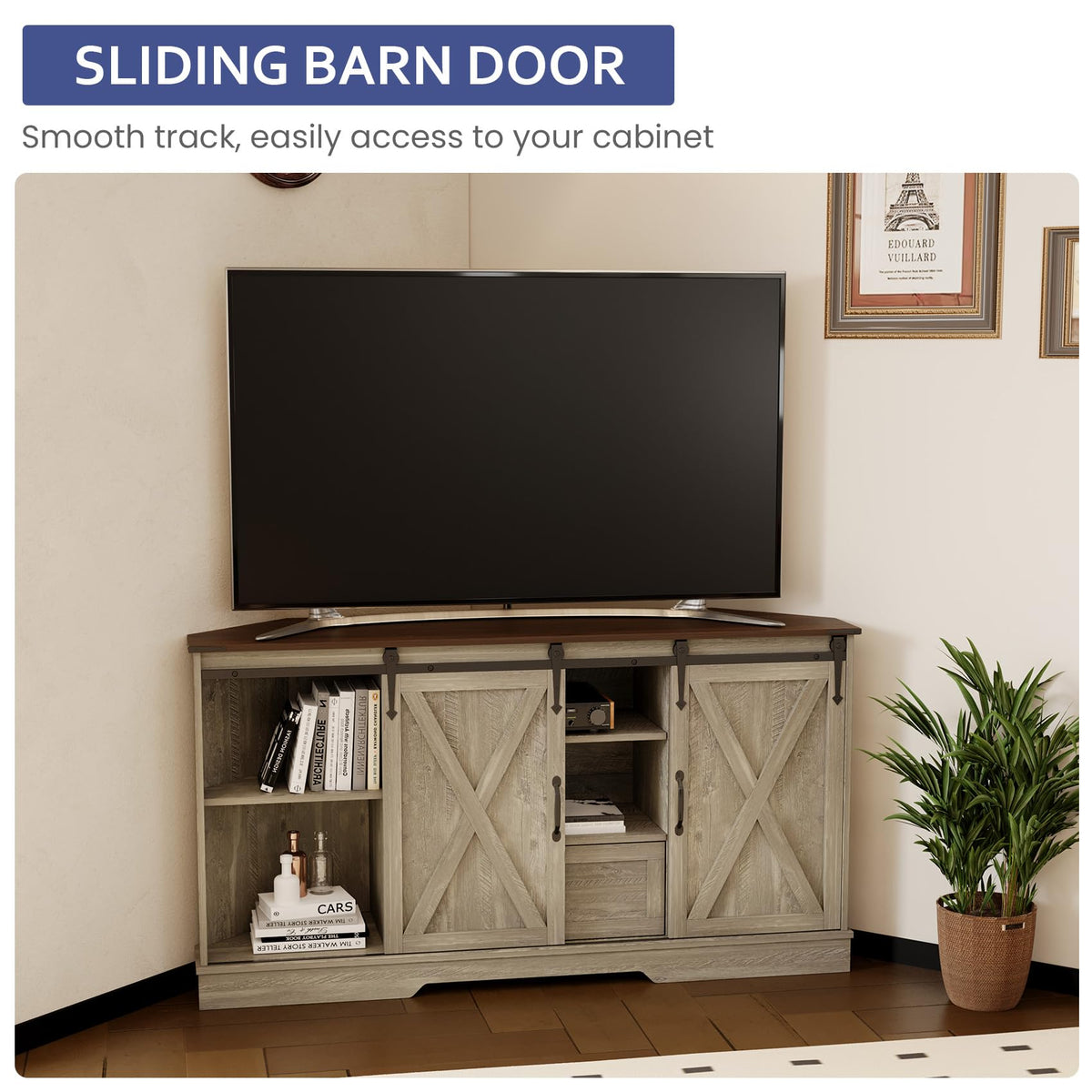 Corner TV Stand with Sliding Barn Door & Removable Shelves M49484