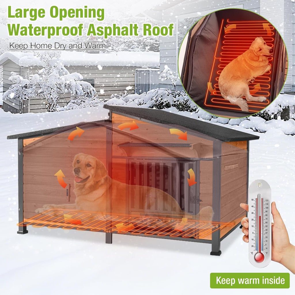 60" Heated Dog House with Heated Pad and Rotating Food Bowl M4245