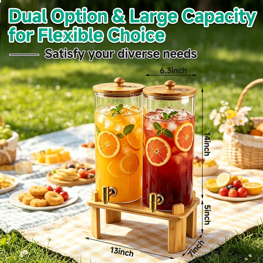 2 Gallon Glass Beverage Dispenser with Spigot and Bamboo Stand E8543