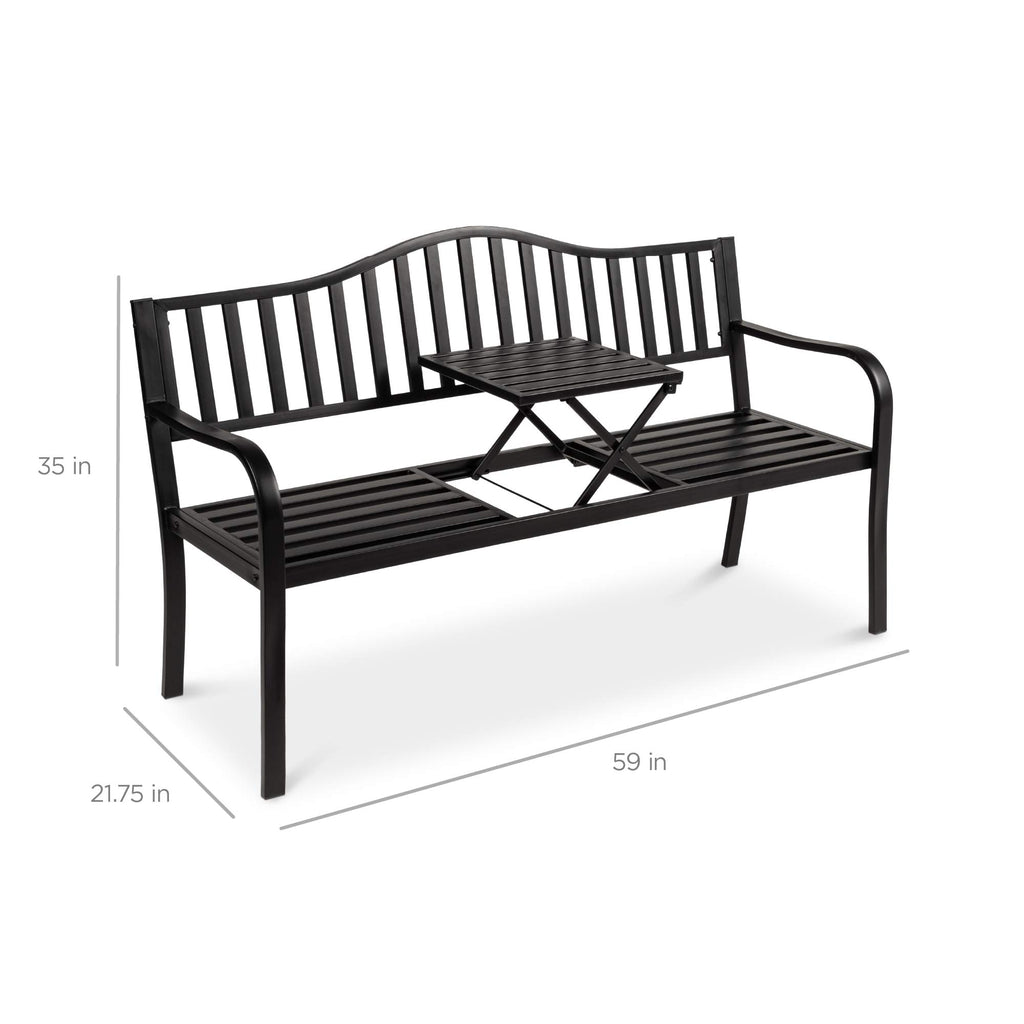 Black Steel Outdoor Garden Bench with Pullout Middle Table M410