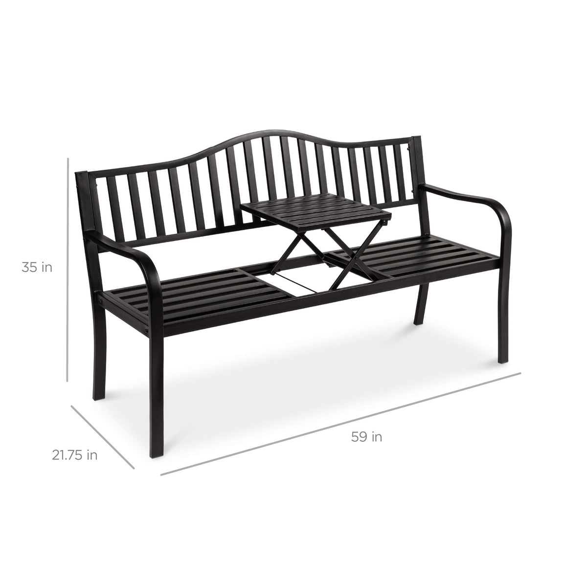 Black Steel Outdoor Garden Bench with Pullout Middle Table M410