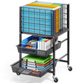 3-Tier Metal Rolling File Cart with 2 Sliding Trays Black Y2618