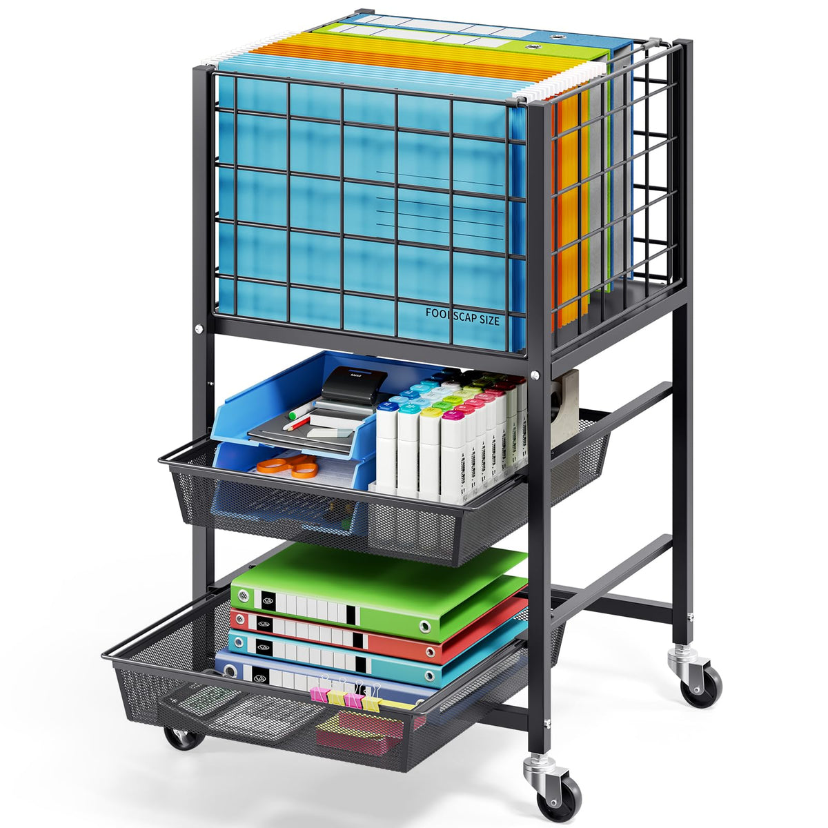 3-Tier Metal Rolling File Cart with 2 Sliding Trays Black Y2618