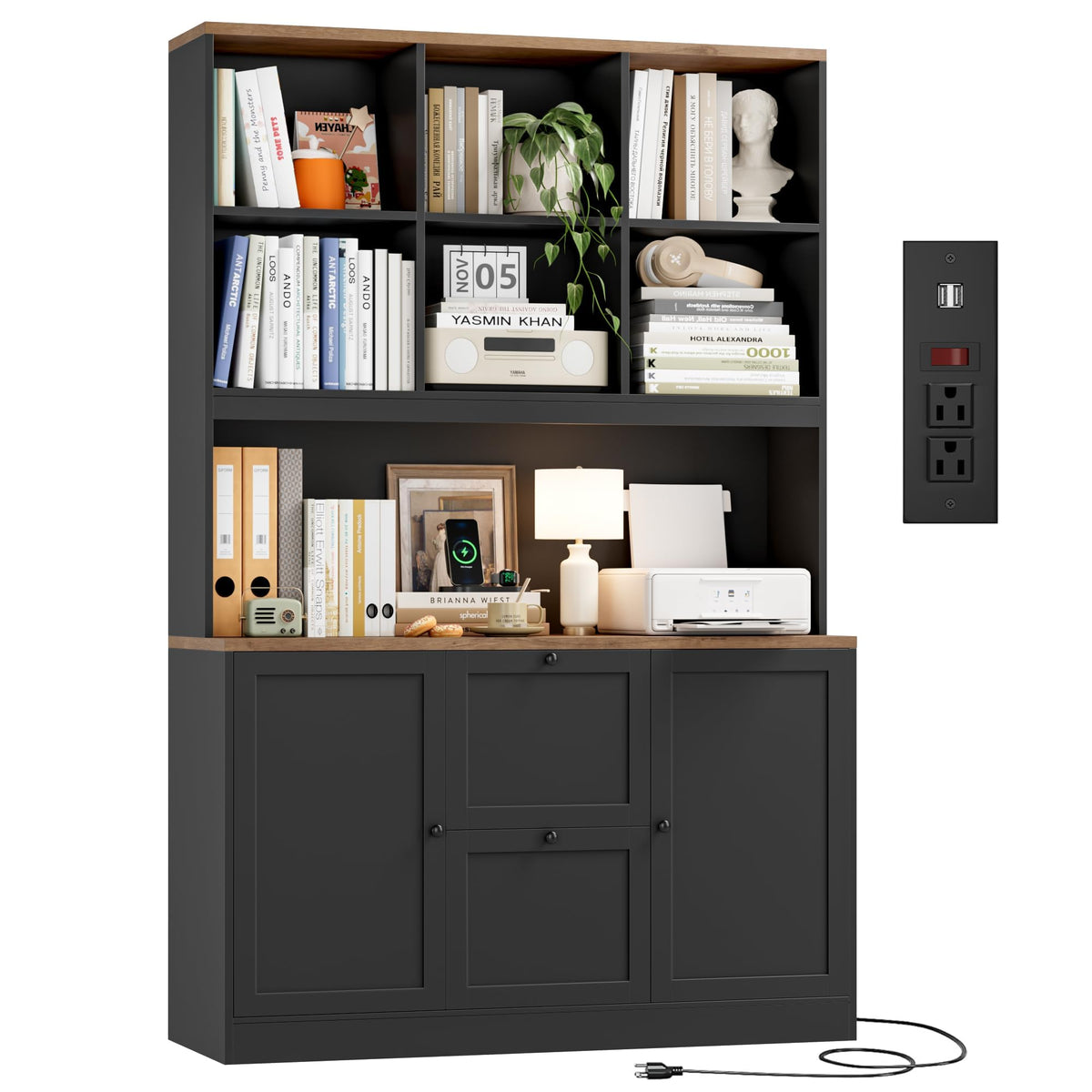 72'' Tall File Bookcase with Power Outlet & 2 Filing Drawers H15437