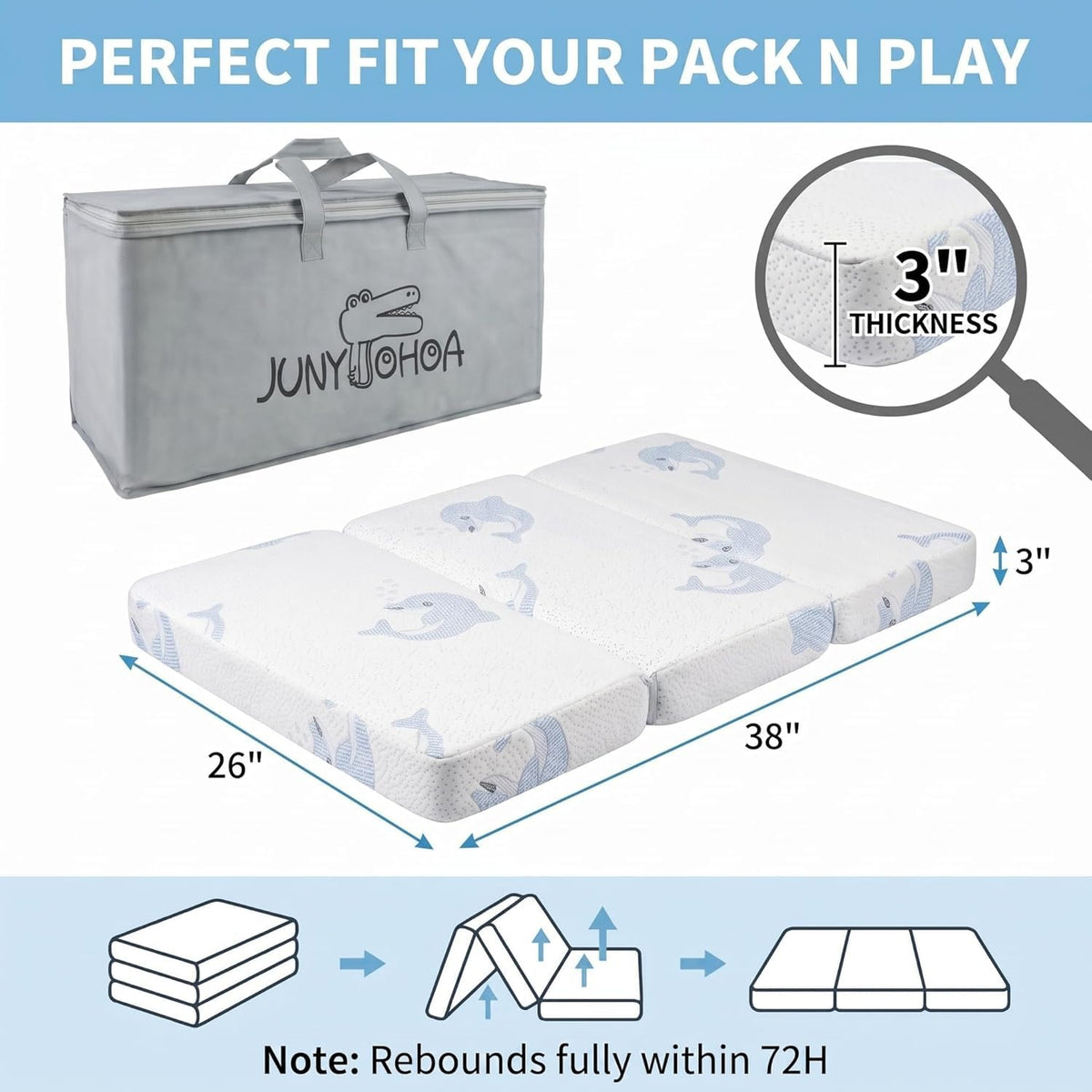 Trifold Pack and Play Mattress Topper, 38x26 Dual Firmness U564