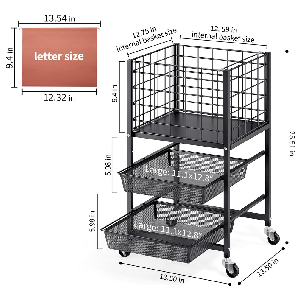 3-Tier Metal Rolling File Cart with 2 Sliding Trays Black Y2618