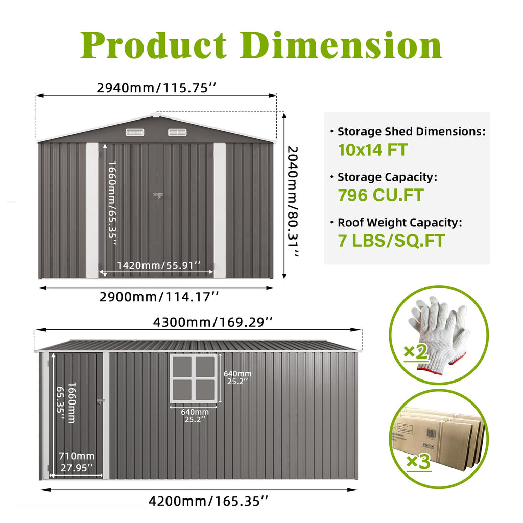 10x14 FT Grey Metal Storage Shed Q1414