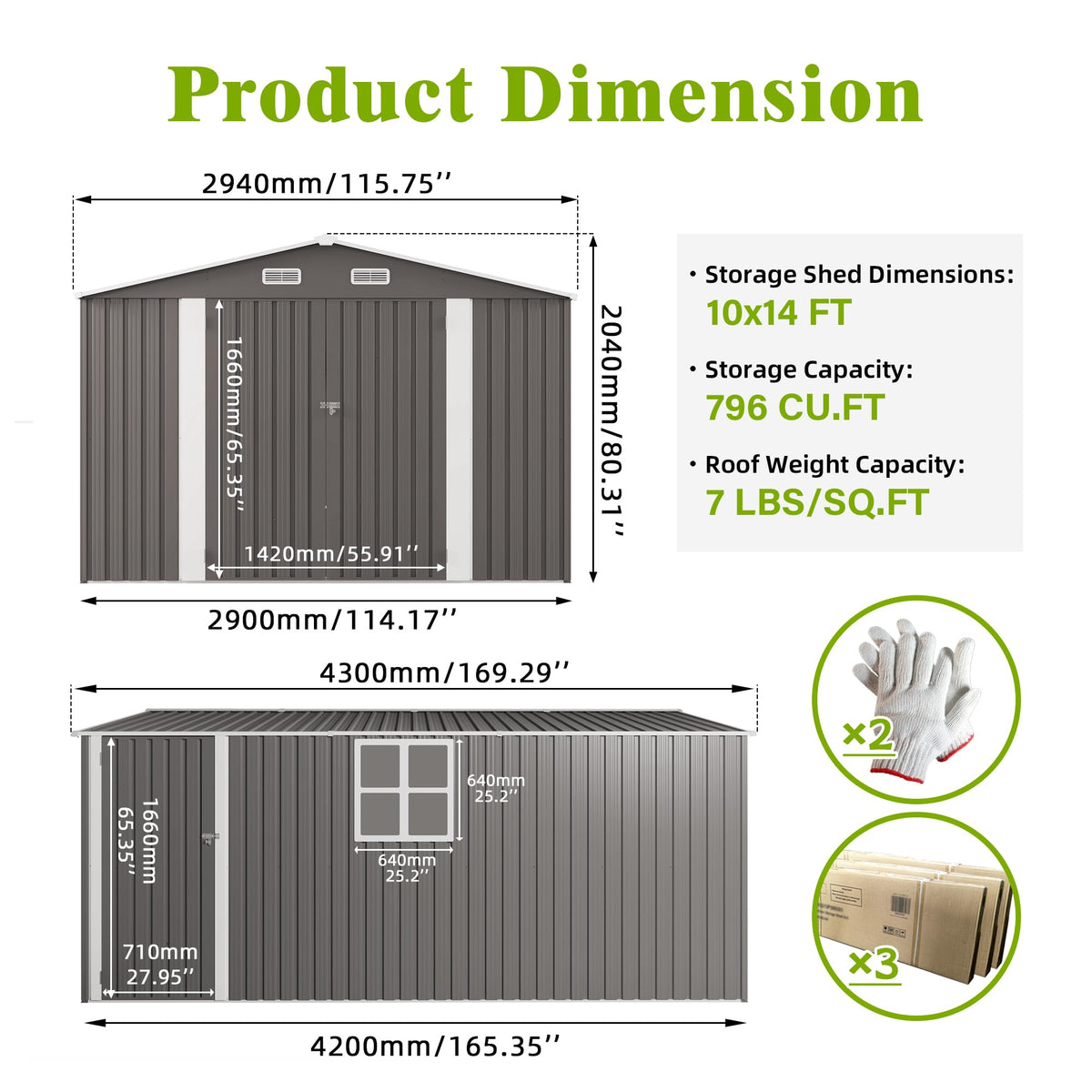 10x14 FT Grey Metal Storage Shed Q1414
