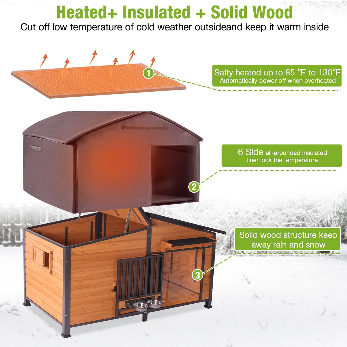 60" Heated Dog House with Heated Pad and Rotating Food Bowl M4245
