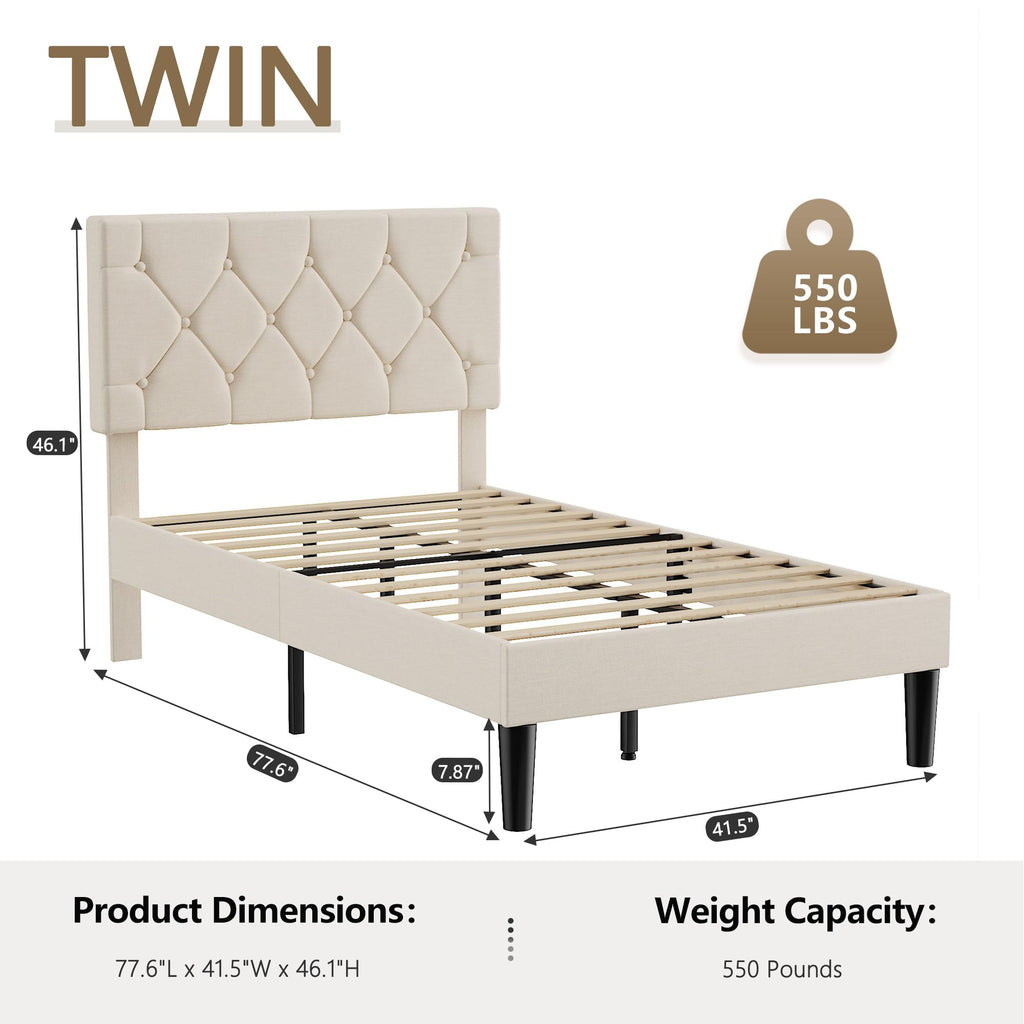 Twin Bed Frame with Upholstered Tufted Headboard, Beige W853