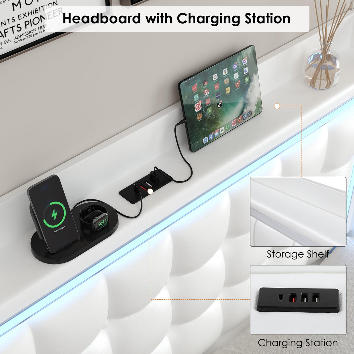 Queen Floating Bed Frame with Storage Headboard, LED Lights & Charging Station D933
