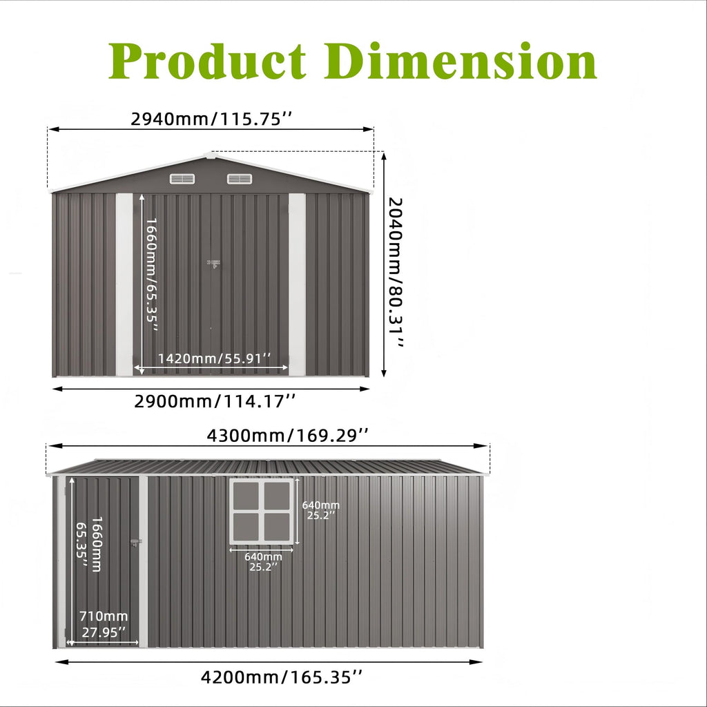 10x14 FT Grey Metal Storage Shed Q1414
