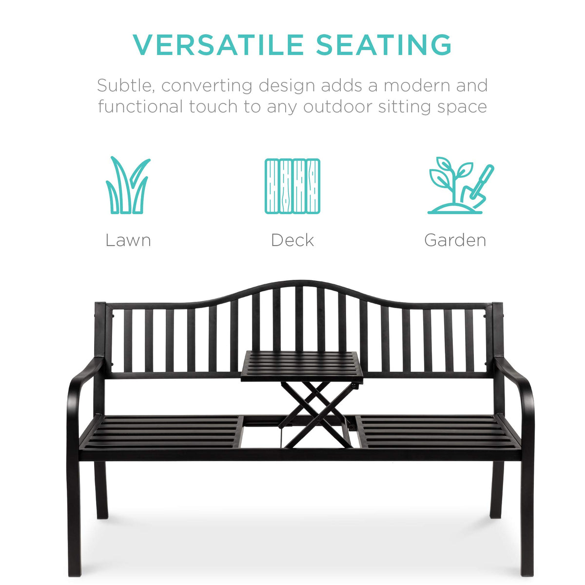Black Steel Outdoor Garden Bench with Pullout Middle Table M410