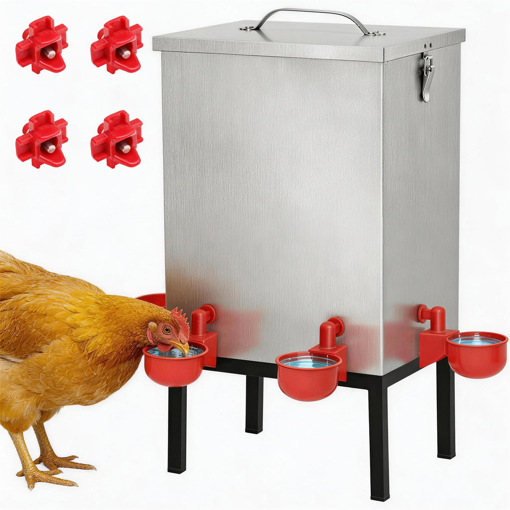 3 Gallon Stainless Steel Chicken Waterer with Cups & Nipples D797