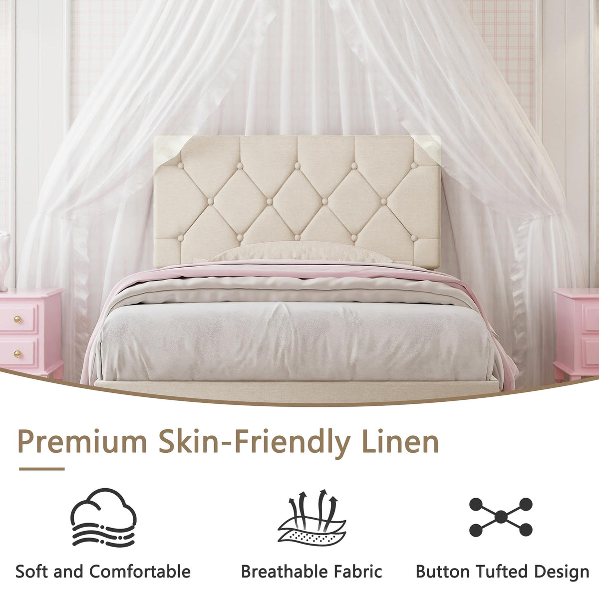Twin Bed Frame with Upholstered Tufted Headboard, Beige W853
