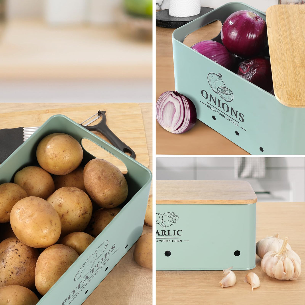 Metal Vegetable Storage Set of 3 with Aerating Holes and Bamboo Lid J6798
