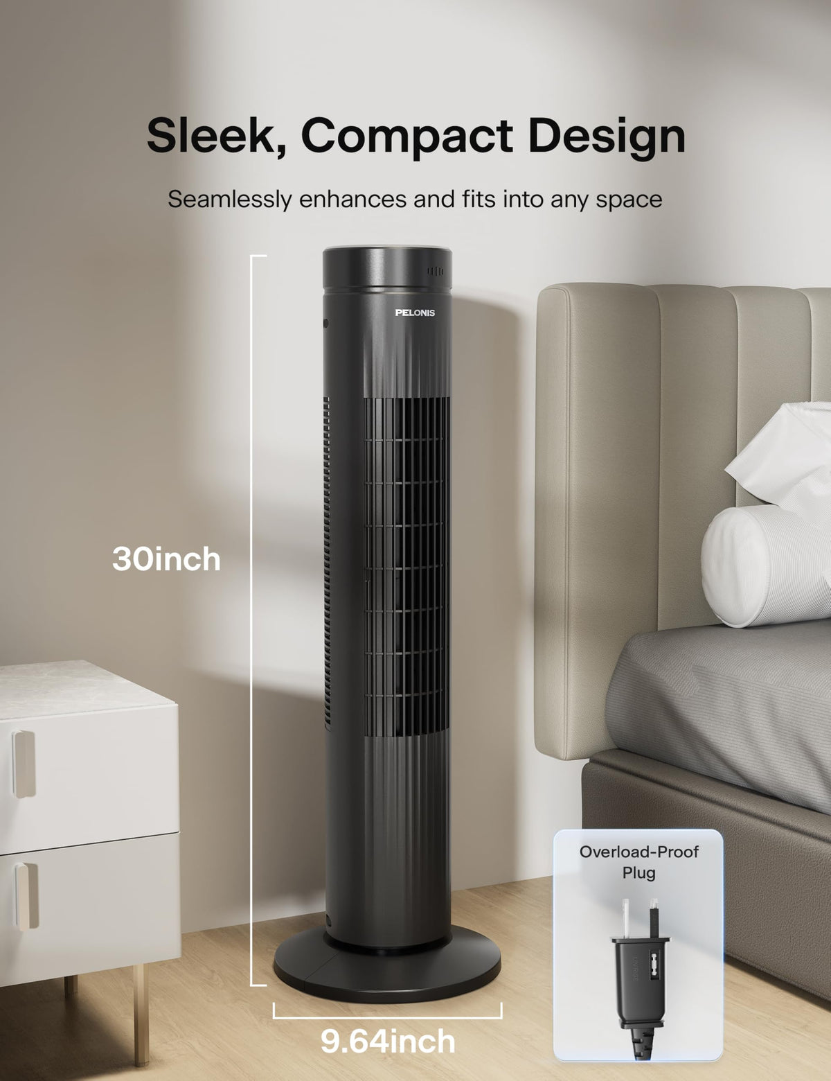 30-Inch Oscillating Tower Fan, 3 Speed, Black B9234