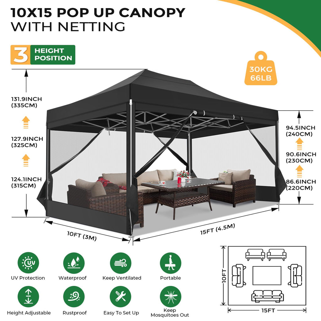 10x15 Heavy Duty Pop Up Canopy with 4 Mosquito Net Sidewalls, Black Q182864