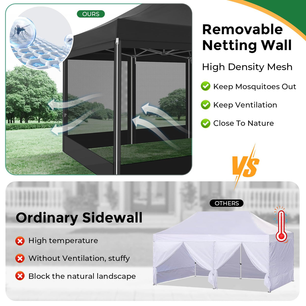 10x15 Heavy Duty Pop Up Canopy with 4 Mosquito Net Sidewalls, Black Q182864