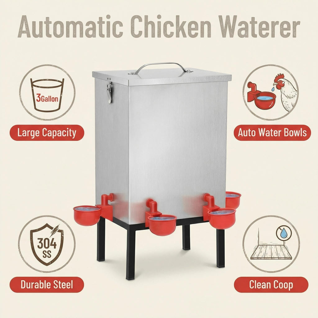 3 Gallon Stainless Steel Chicken Waterer with Cups & Nipples D797