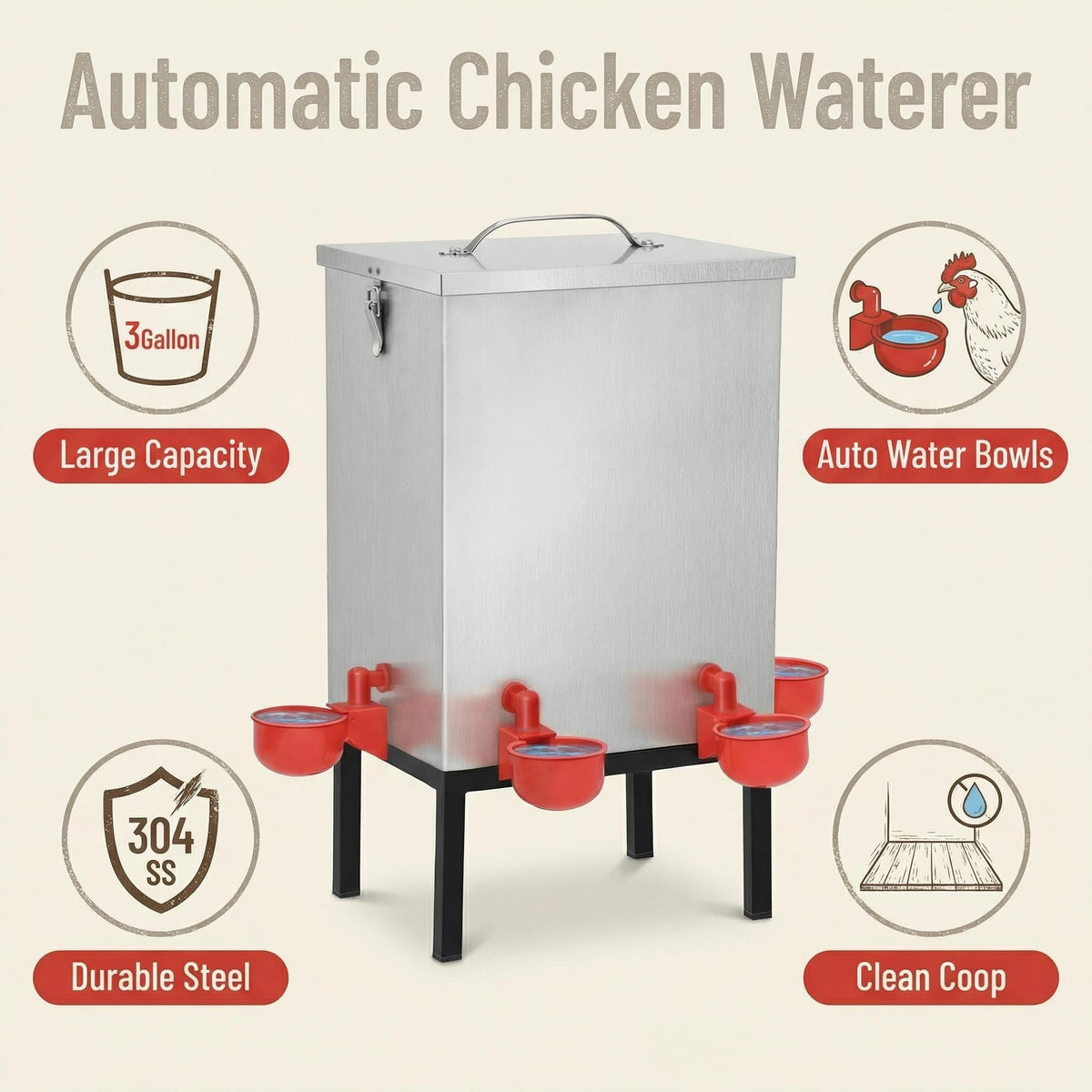 3 Gallon Stainless Steel Chicken Waterer with Cups & Nipples D797
