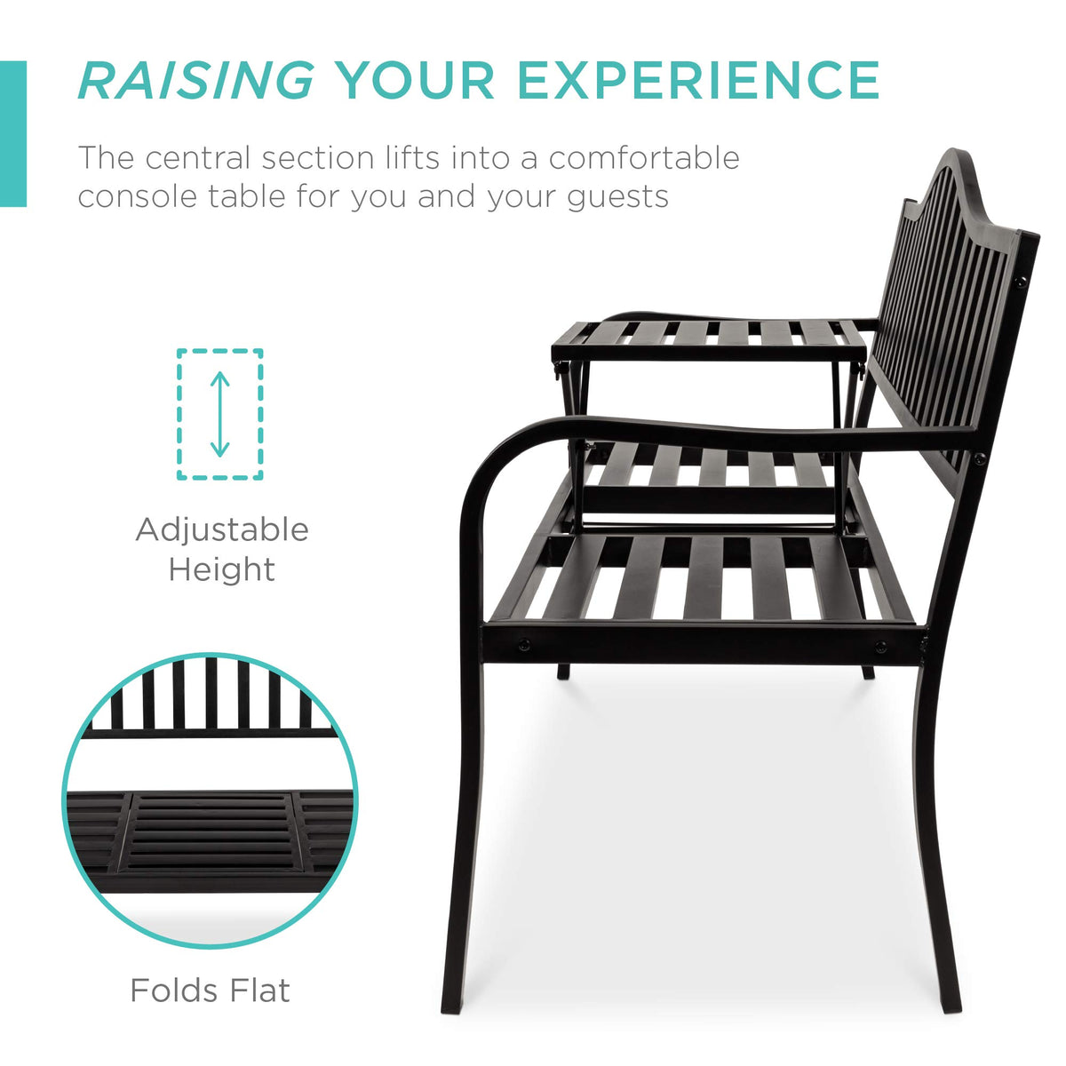 Black Steel Outdoor Garden Bench with Pullout Middle Table M410