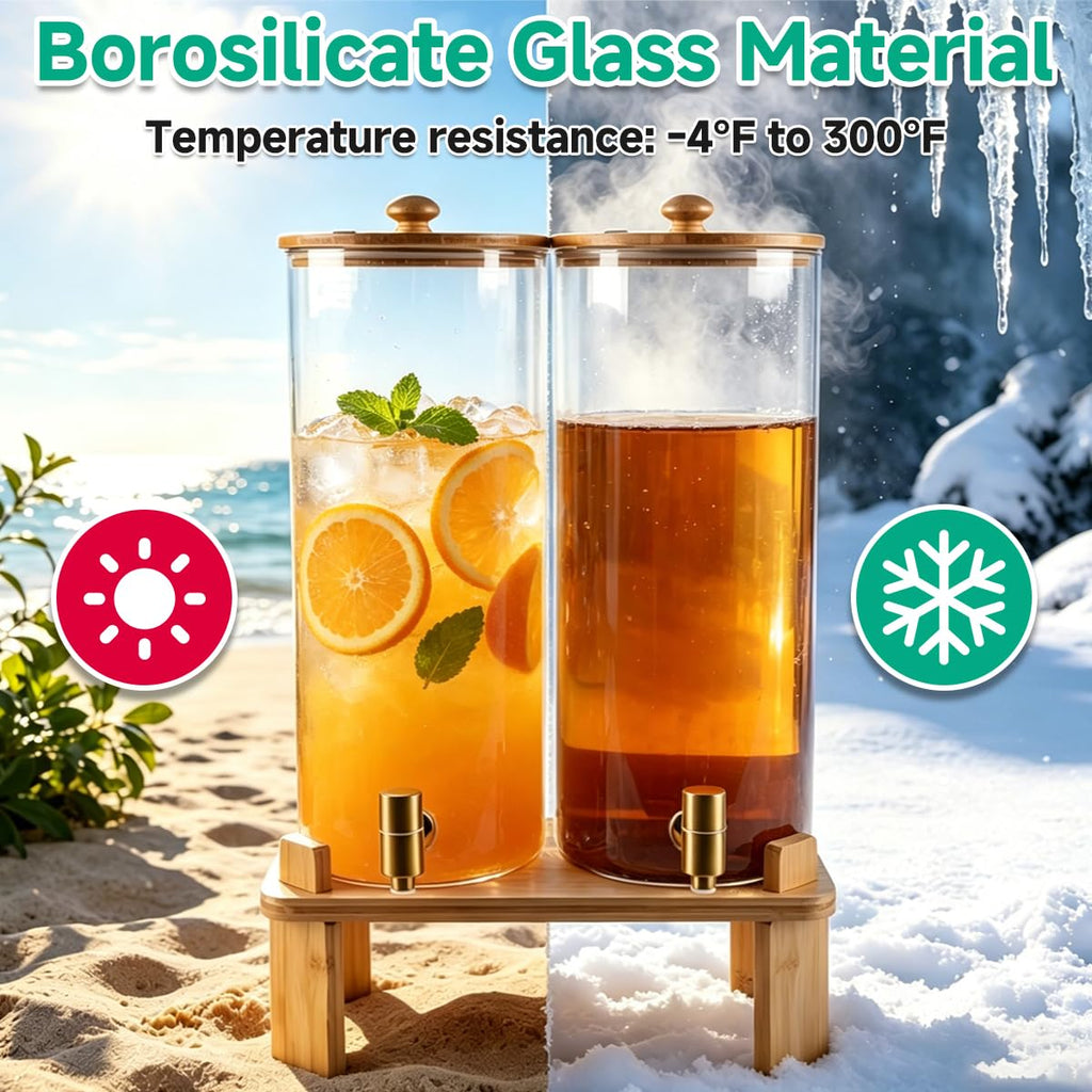 2 Gallon Glass Beverage Dispenser with Spigot and Bamboo Stand E8543