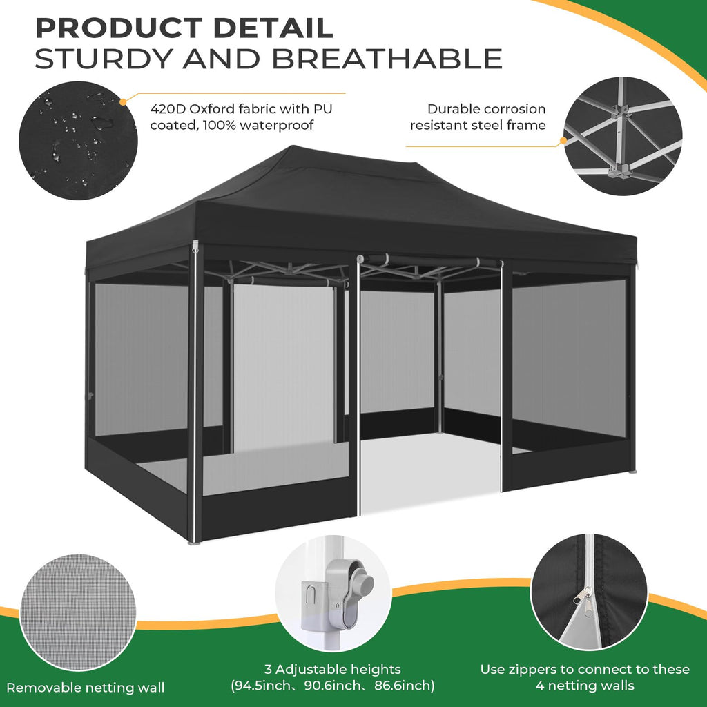 10x15 Heavy Duty Pop Up Canopy with 4 Mosquito Net Sidewalls, Black Q182864