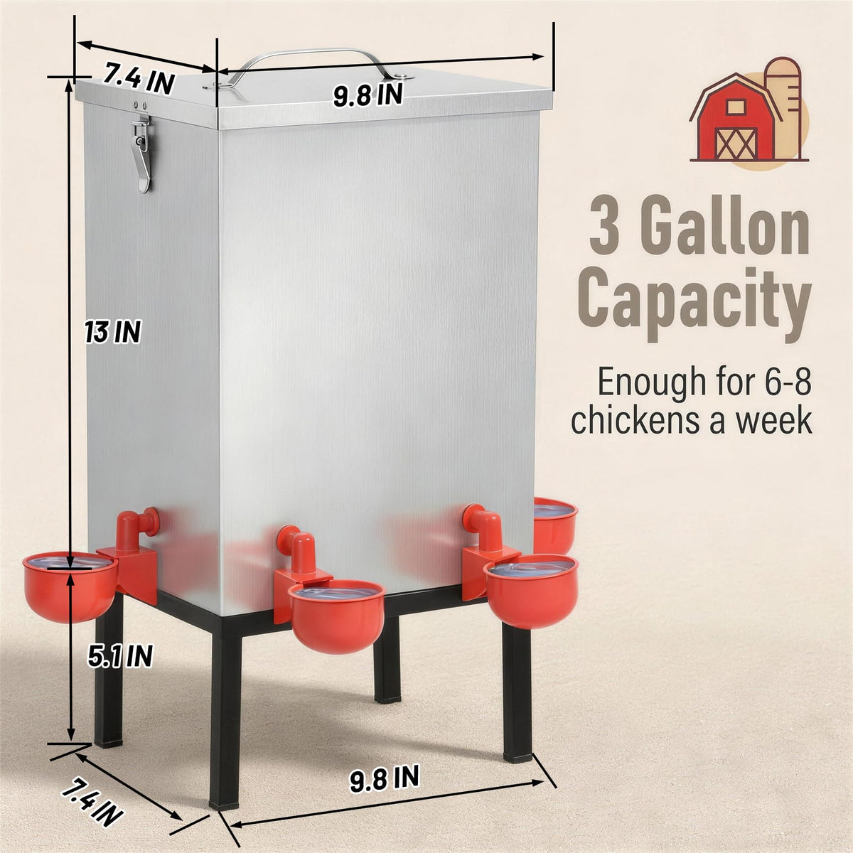 3 Gallon Stainless Steel Chicken Waterer with Cups & Nipples D797