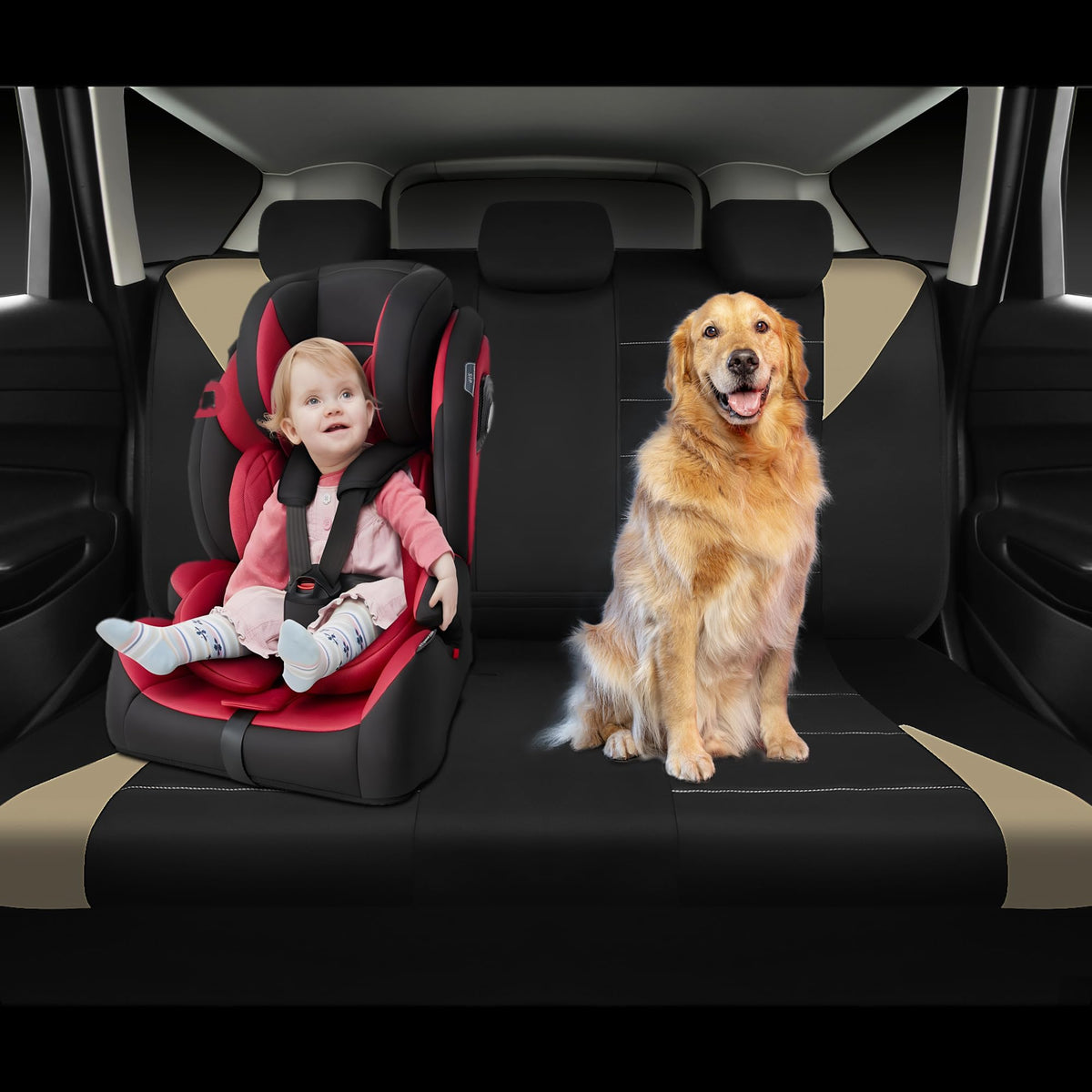 Waterproof Car Seat Covers Full Set Black and Beige K77725