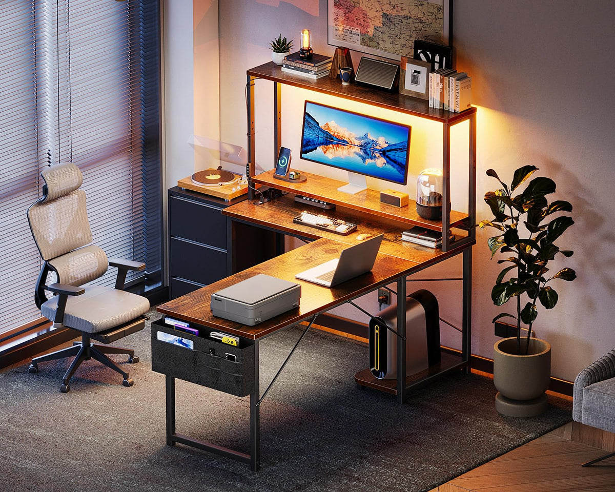 L Shaped Desk with LED Light & Power Outlet Q24442