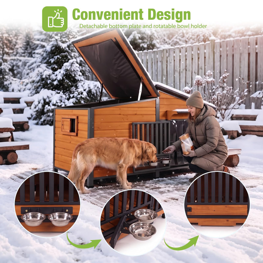 60" Heated Dog House with Heated Pad and Rotating Food Bowl M4245