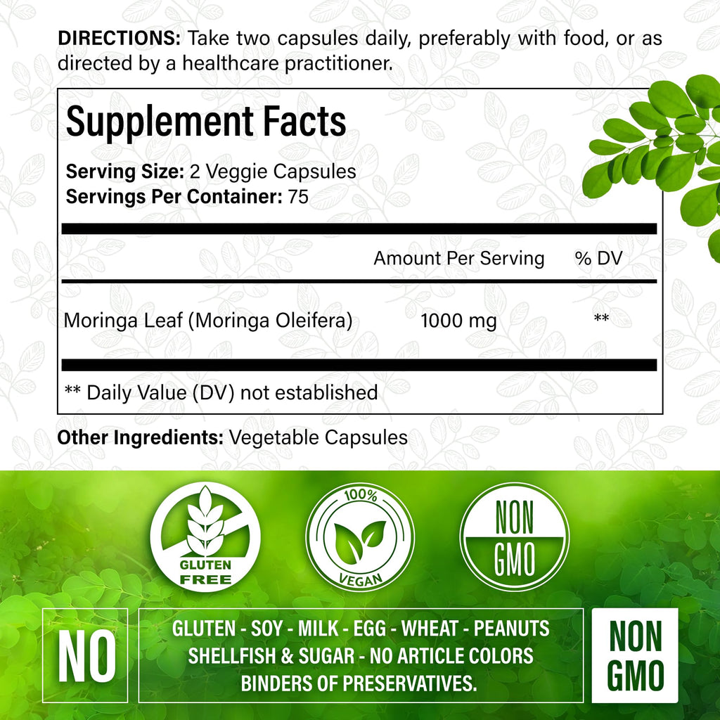 Moringa Oleifera Leaf Extract Capsules 150 Count Y715109
