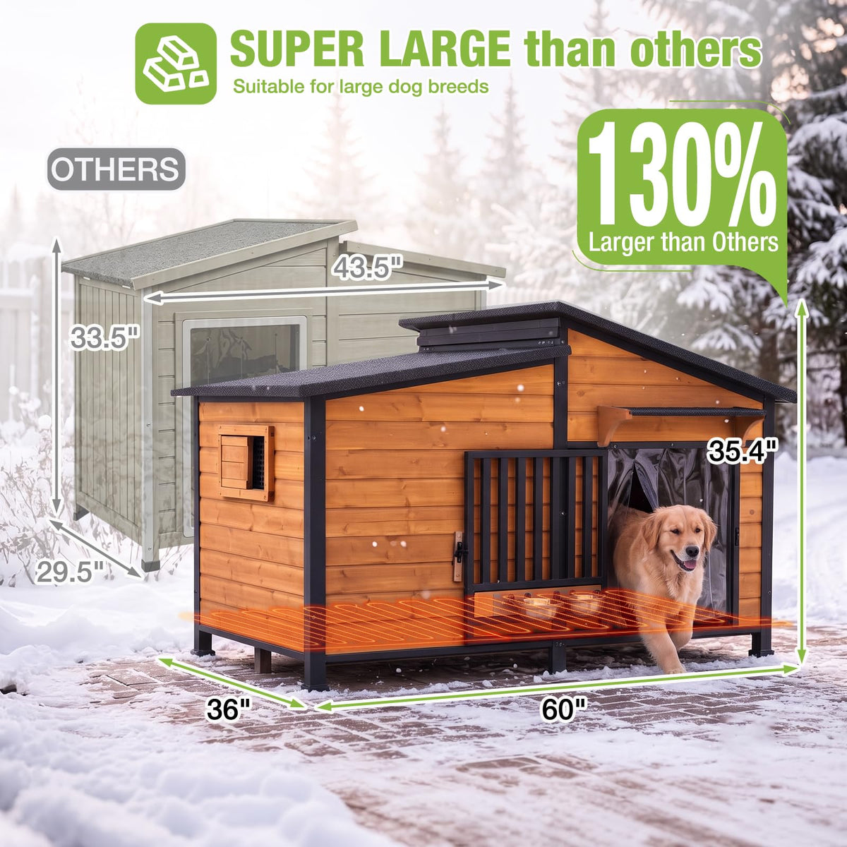 60" Heated Dog House with Heated Pad and Rotating Food Bowl M4245