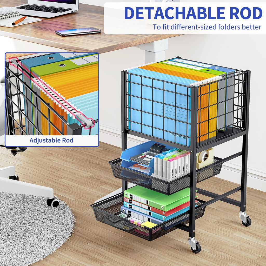 3-Tier Metal Rolling File Cart with 2 Sliding Trays Black Y2618